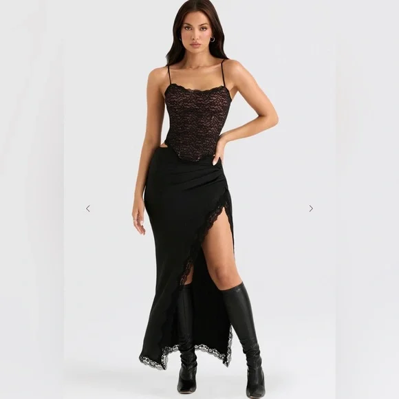 ❤️‍🔥Firm Price❤️‍🔥House of CB RUBY Black Satin Lace Trim Midi Skirt - Picture 4 of 15